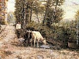 Eugenio Zampighi Famous Paintings - Cows Watering at a Quiet Pool